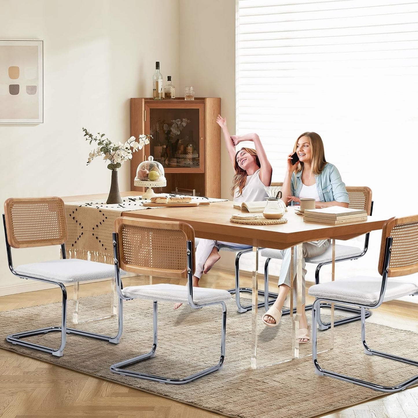 Modern Cesca Cane Dining Chairs, Set of 2, Handwoven Rattan Cane Back, Chrome Base, Upholstered Boucle Seat, Ideal for Kitchen or Dining Room, White-1