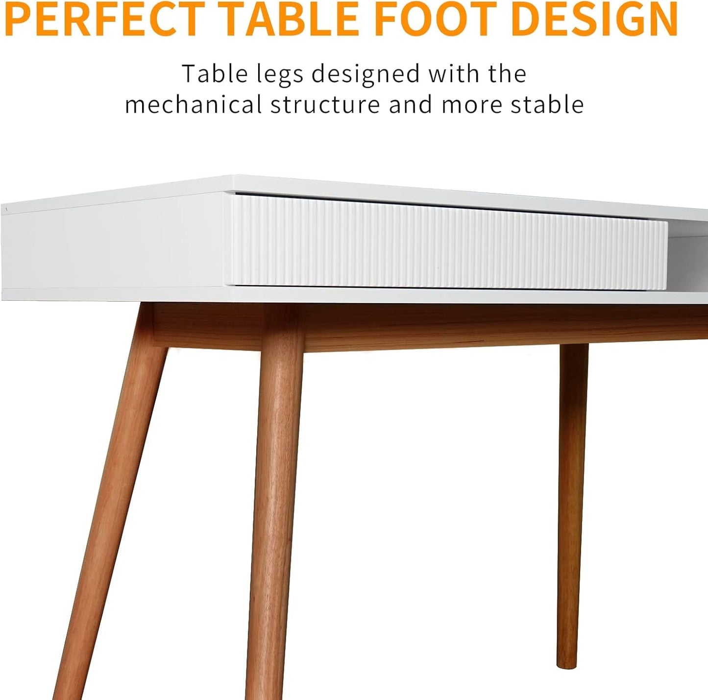 White Writing Desk with Drawers Mid Century Modern Desk, Wood Office Desk Computer Desk Vanity Desk for Small Space, White Desk with Walnut Legs-4