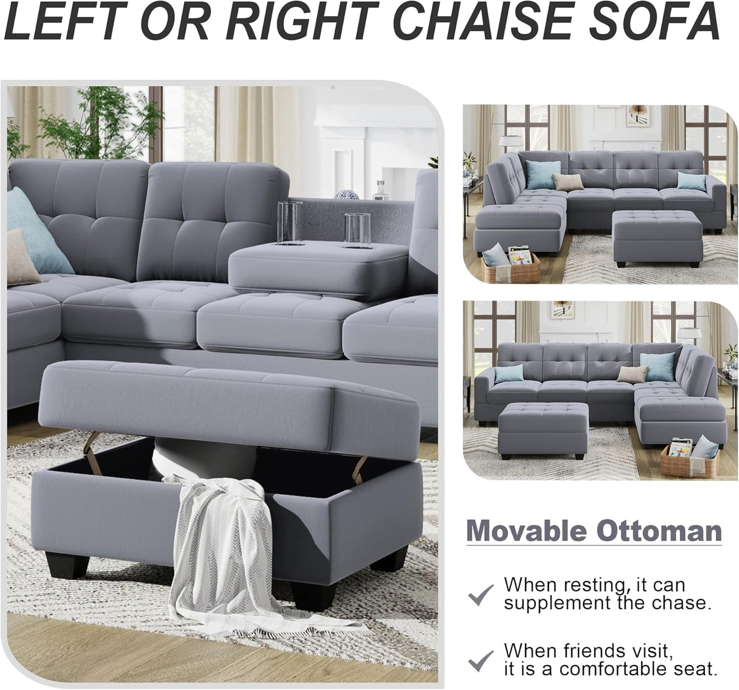 104Inch Sectional Sofas 3-Seat Sofa Sectional Sofa Couches with Reversible Chaise Storage Ottoman and 2 Cup Holders, Sofa Lounge and Ottoman for Living Room Furniture-4