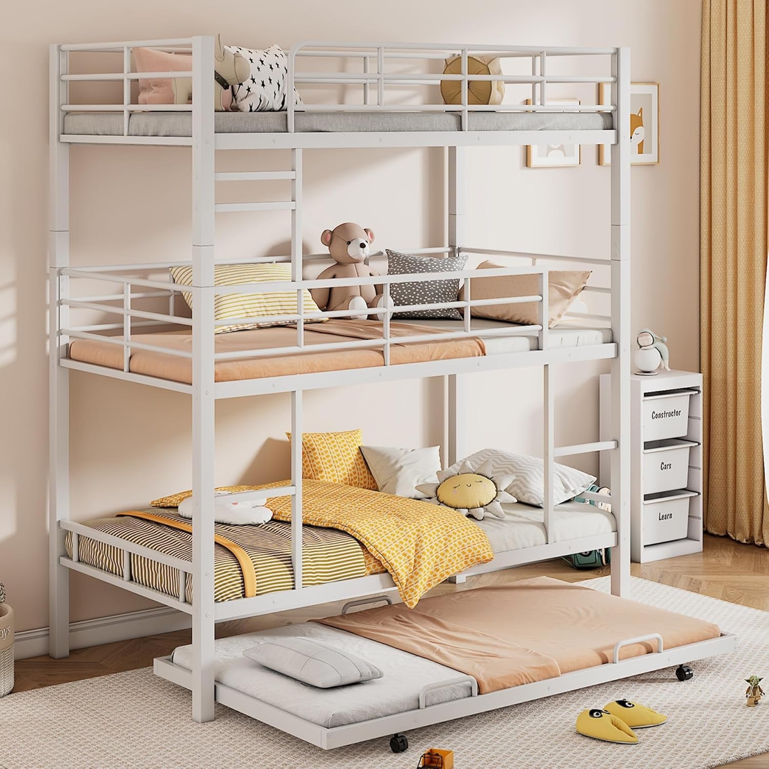 Metal Triple Bunk Bed Twin over Twin over Twin, Triple Bunk Bed with Trundle, 3-Tier Bunk Bed with 2 Ladders and Guardrails, Triple Bunk Beds for Kids(White Twin)-1