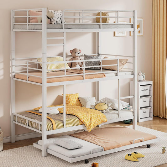 Metal Triple Bunk Bed Twin over Twin over Twin, Triple Bunk Bed with Trundle, 3-Tier Bunk Bed with 2 Ladders and Guardrails, Triple Bunk Beds for Kids(White Twin)-1