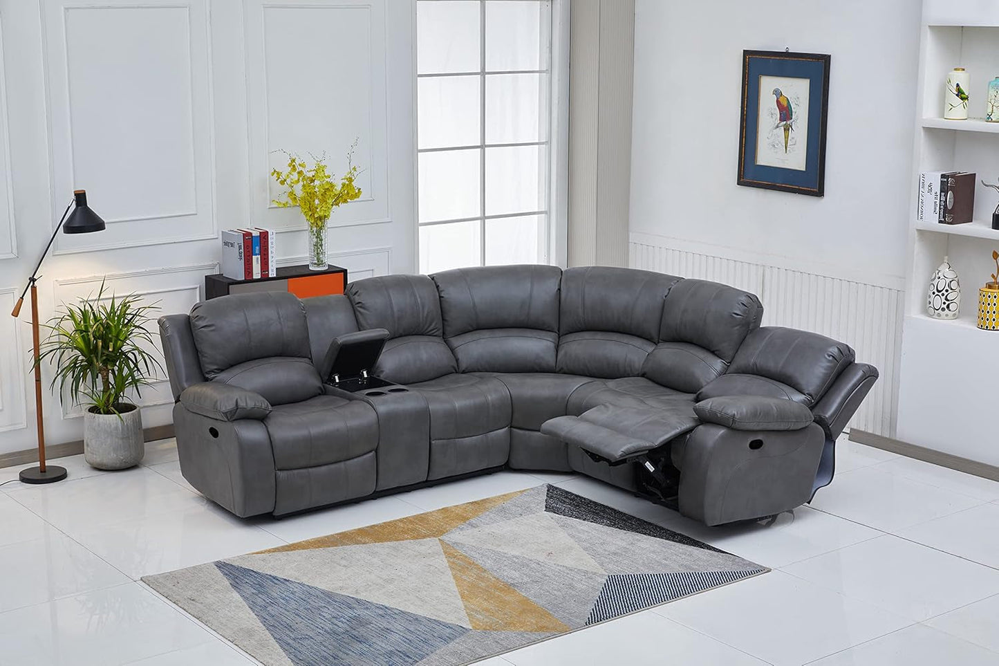 Bonded Leather Sectional Sofa 3 Recliners, Grey-3