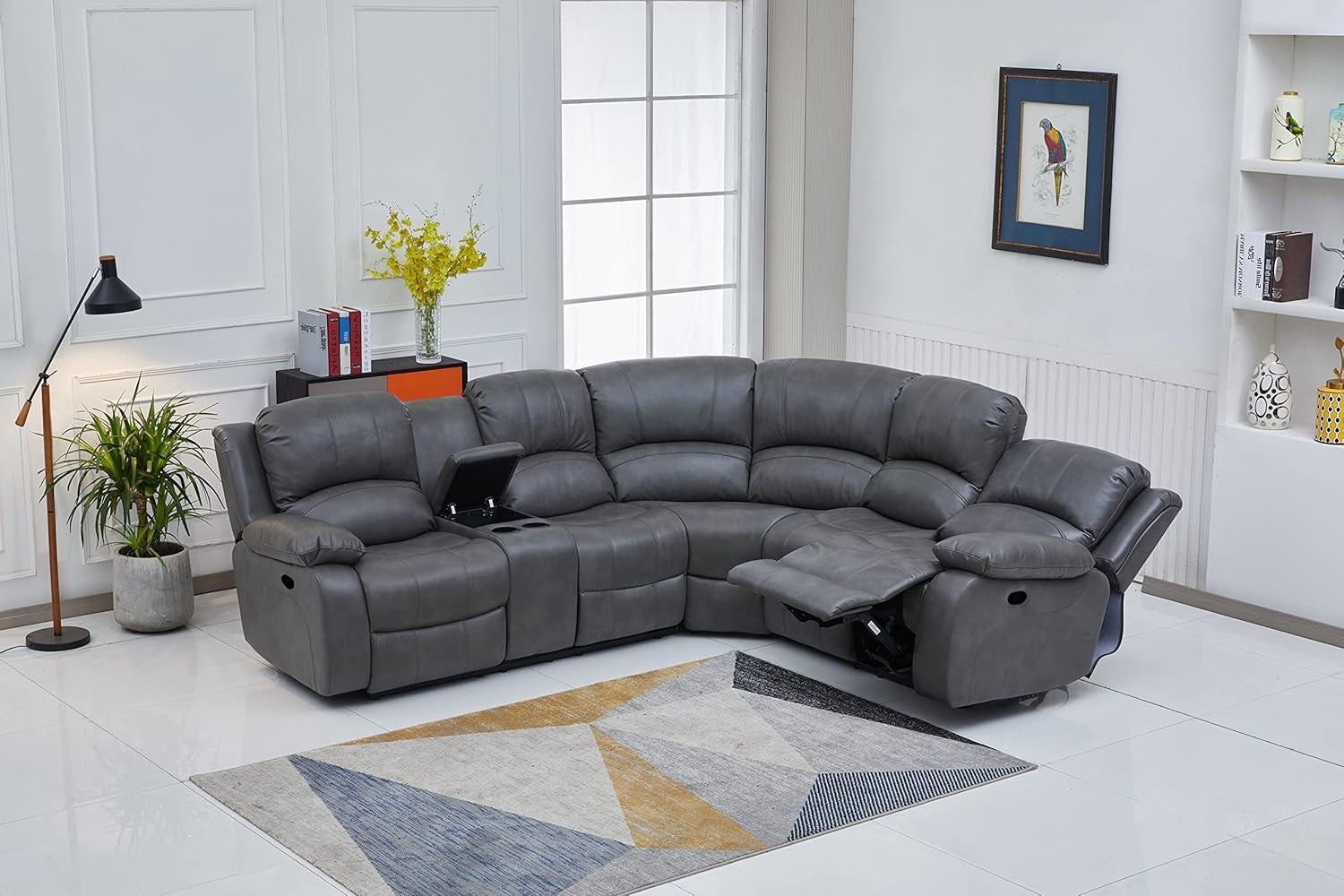 Bonded Leather Sectional Sofa 3 Recliners, Grey-3
