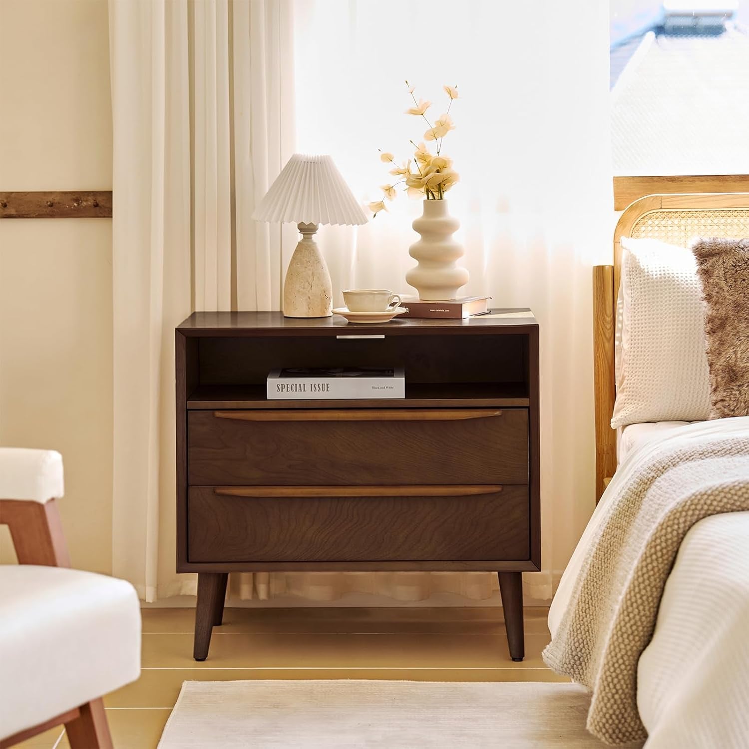 Nightstand with Charging Station, Mid-Century Modern 2 Drawer and Open Shelf Dresser for Bedroom, Fluted Bedside Table, Walnut-0