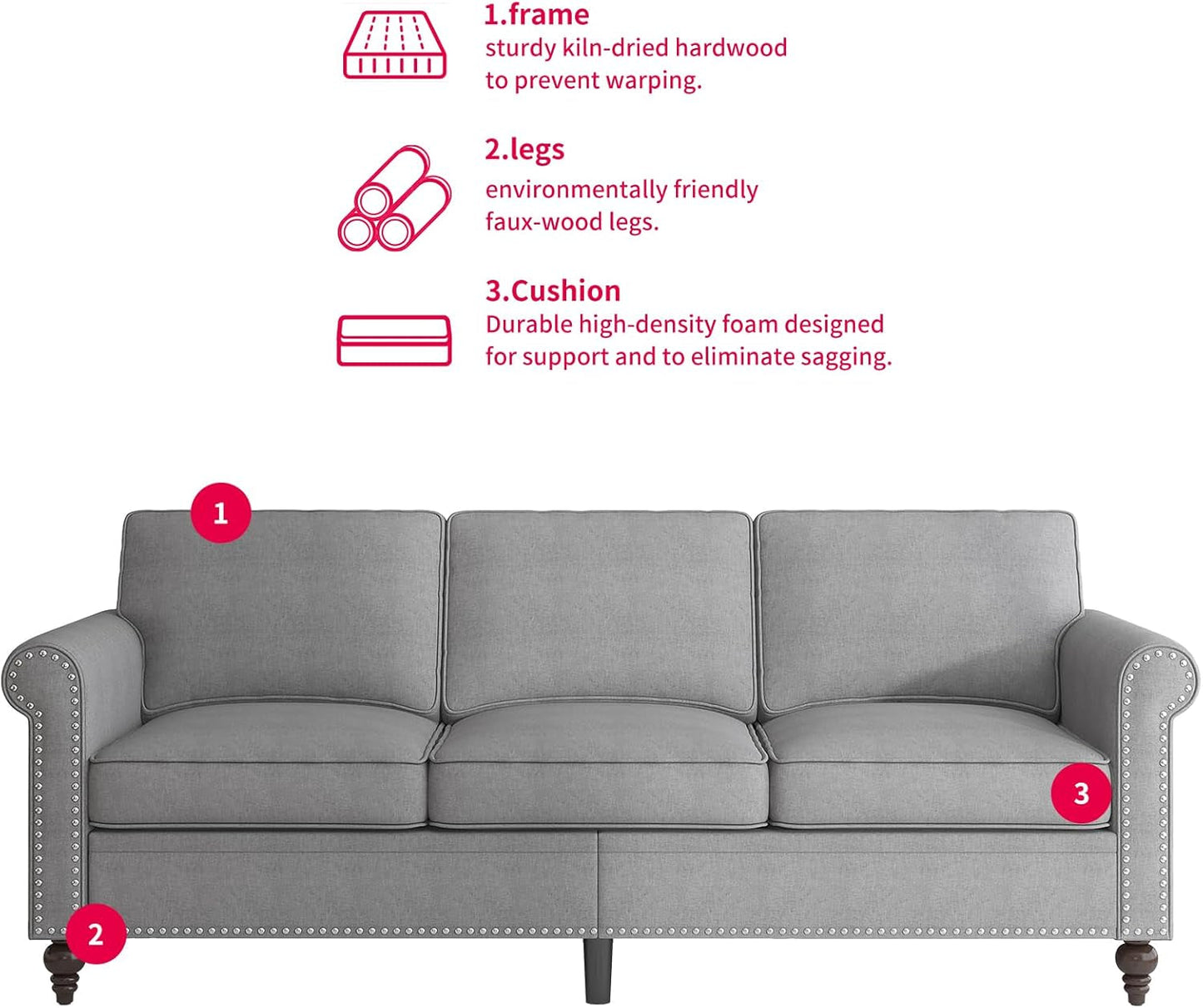 3PCS Sofa Set for Living Room,Modern Linen Couch Set with Nailhead Trim Design, Living Room Furniture Set for Office Apartment Home(Sofa & Loveseat & Chair/Light Grey)-4