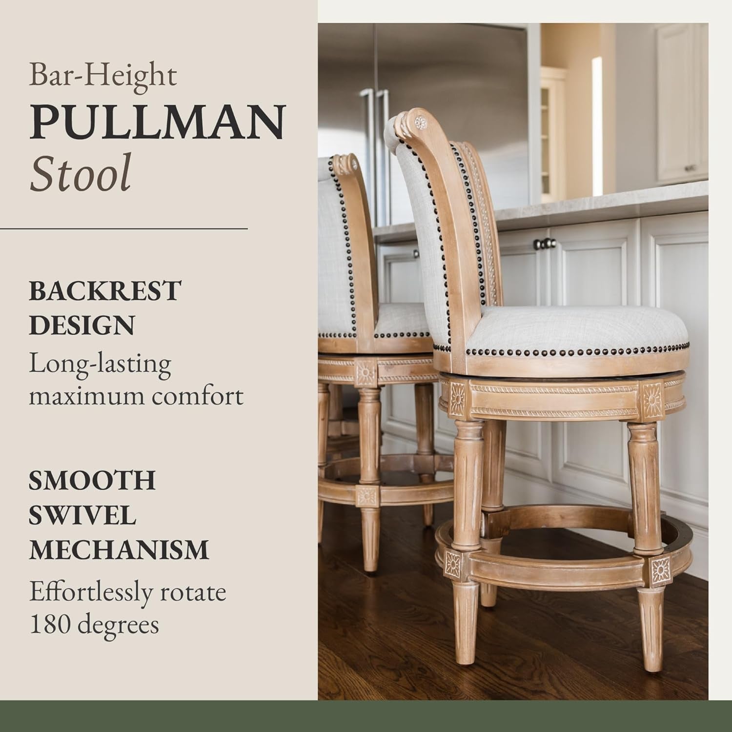Pullman 31 Inch Tall Bar Height Upholstered Barstool with Back in Weathered Oak Finish with Sand Color Fabric Cushion Seat, Set of 4-3