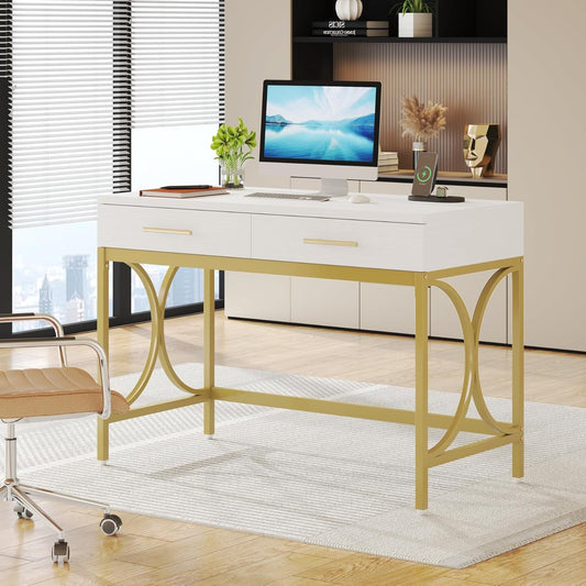 Modern Computer Desk with 2 Drawers, 41 Inches Study Writing Office Desk for Home Office, Bedroom, Makeup Vanity Table Desk with Gold Metal Frame, White & Gold-0