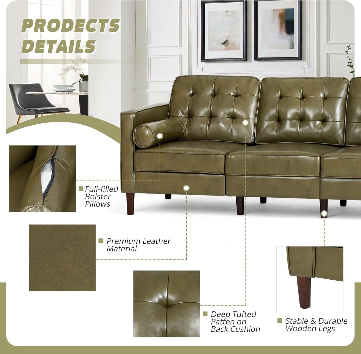 2 Pieces Faux Leather Couch Set, Upholstered 3 Seat & Loveseat Sofa with Bolster Pillows, Mid Century Modern Couch Set with Wooden Legs for Living Room, Bedroom, Office. Olive Green-3