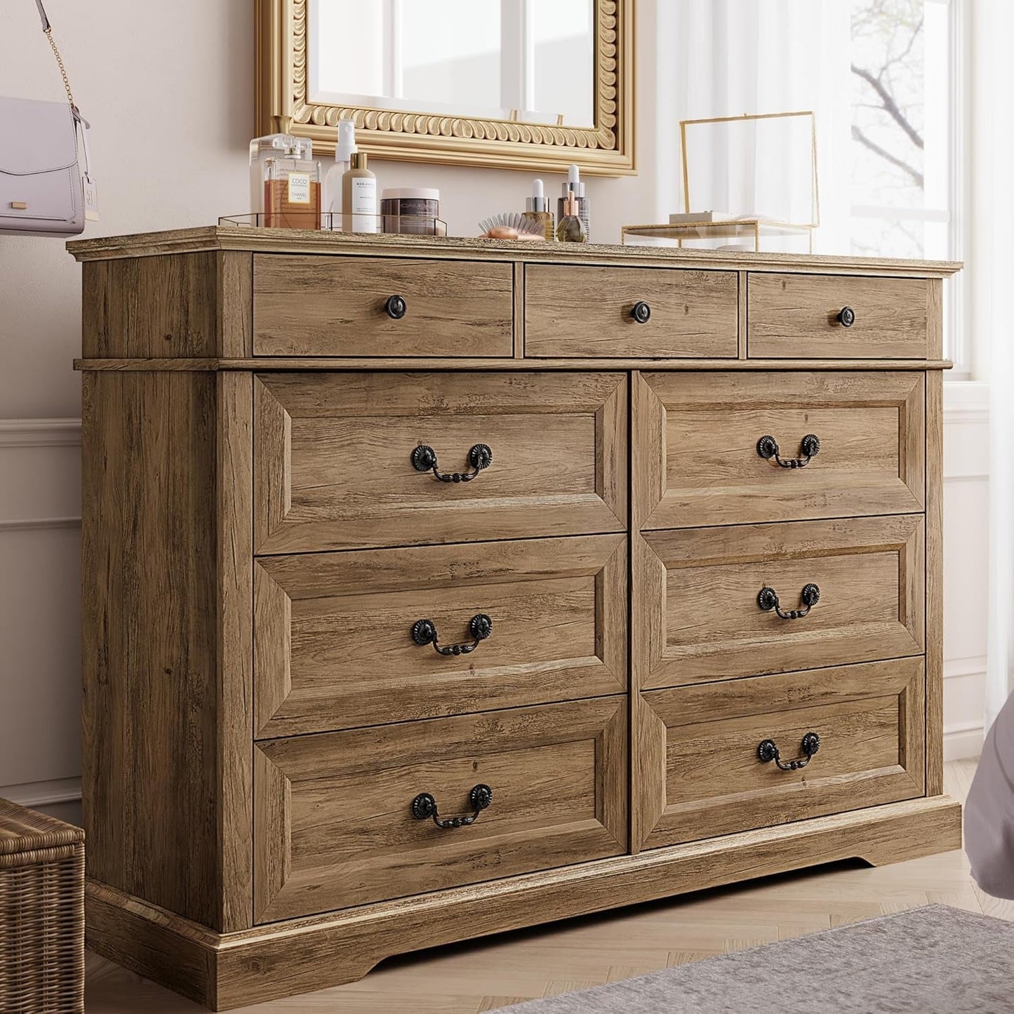 9 Drawers Dresser for Bedroom, Wood Bedroom Dresser Farmhouse Drawer Chest, 9 Chest of Drawer, Tall Dresser for Closet, Dressers Organizer for Living Room, Closet, Hallway-0