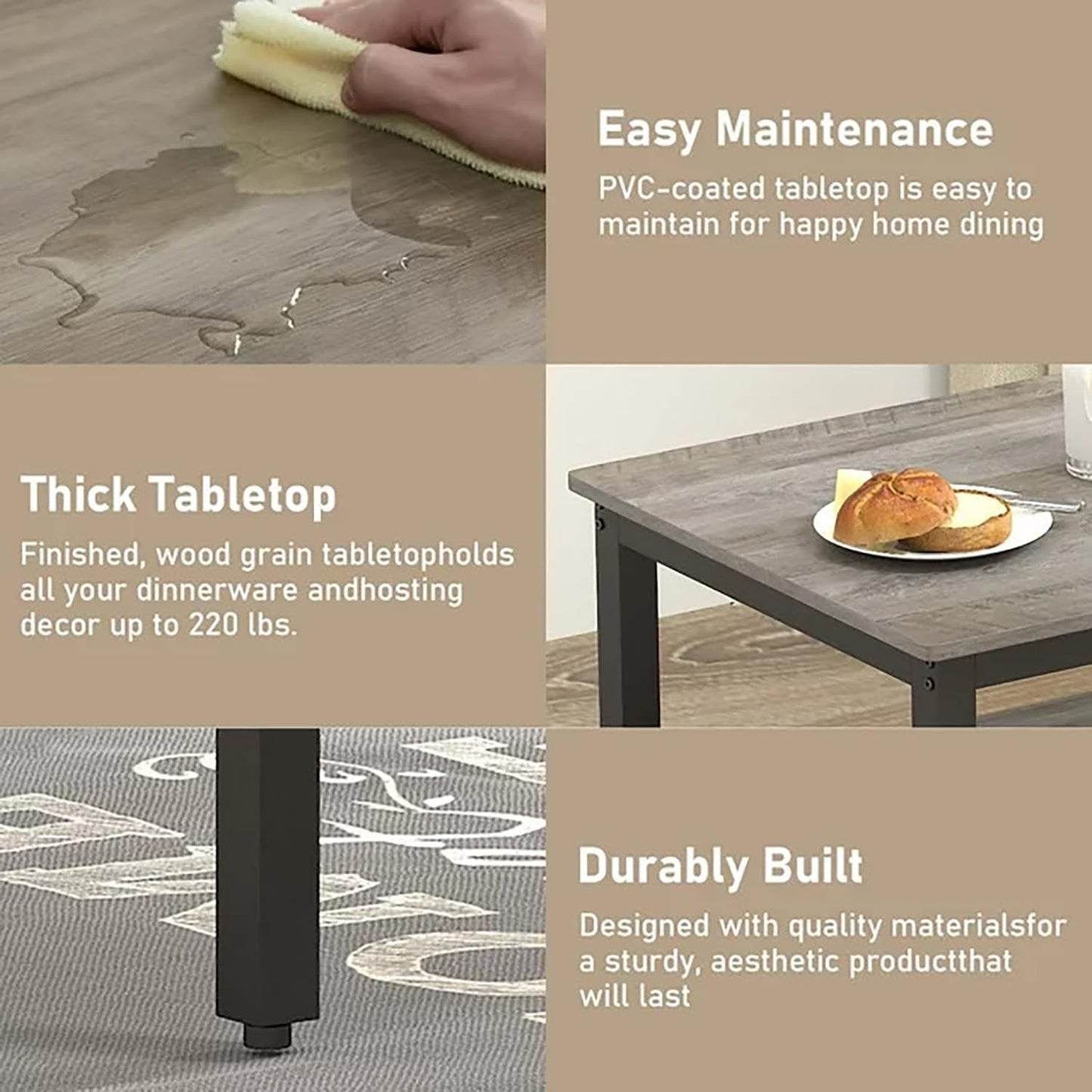 Dining Table Set for 4, Kitchen Room Table Set with 2 Benches, 3-Piece Dining Chairs Set for Breakfast Nook, Grey-3