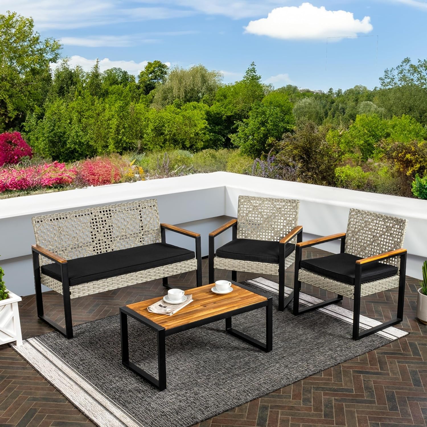 LVG1102C-4SET Wilder 4-Piece Modern Coastal Faux Wicker Conversation Outdoor Patio Set Industrial, Farmhouse, Mid-Century, Classic, Contemporary, Minimalist, White Wash/Black/Natural-1