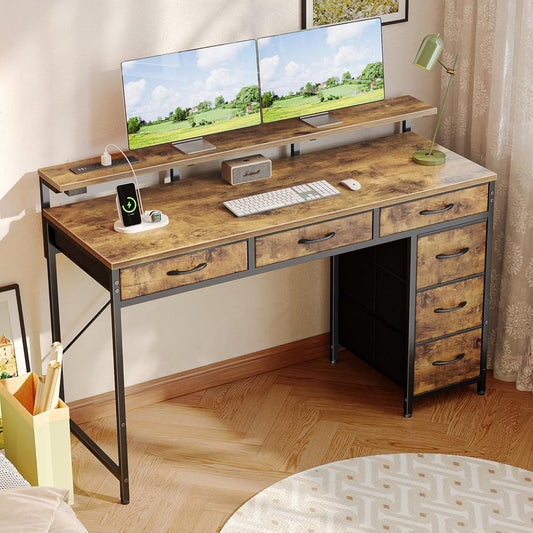 Gaming Desk with 6 Drawers, Computer Desk with LED Lights Power Outlets and Type-C, 47 Inch Office Desk with Storage, Monitor Stand, Writing Desk Work Desk for Home Office, Study, Rustic Brown-1