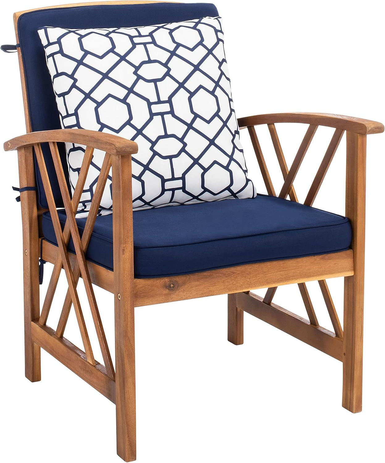Outdoor Collection Fontana Natural/ Navy Blue Cushions/ Geometric Pattern Pillows 4-Piece Conversation Patio Set-4