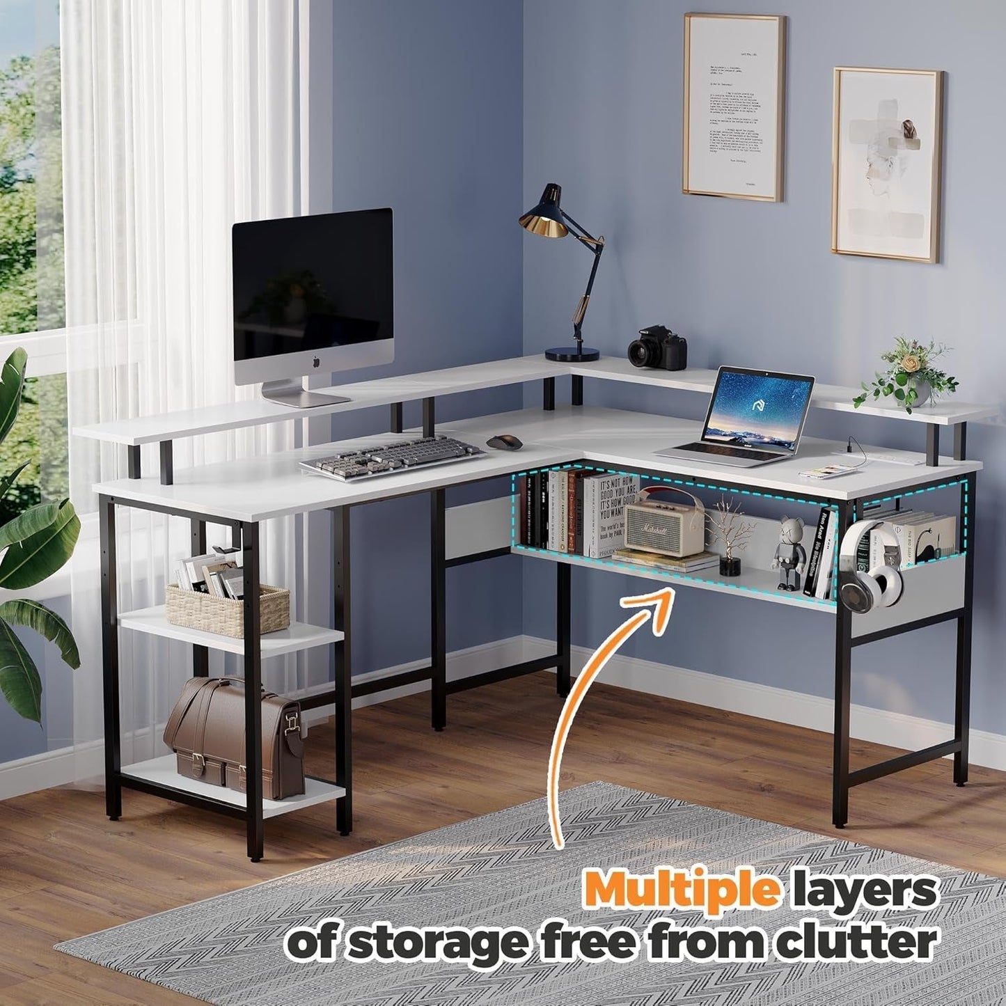 Computer Desk L Shaped 56.7" with LED Lights and Power Outlets, Reversible L Shaped Gaming Desk with Monitor Stand, Home Office Desk with Storage, Desk with USB Port and Hook, White-4