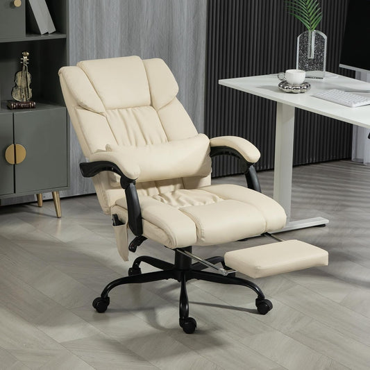 High Back Massage Office Chair with 6 Vibration Points, PU Leather Reclining Computer Chair, Ergonomic Desk Chair with Footrest Adjustable Height and Remote, Beige-1