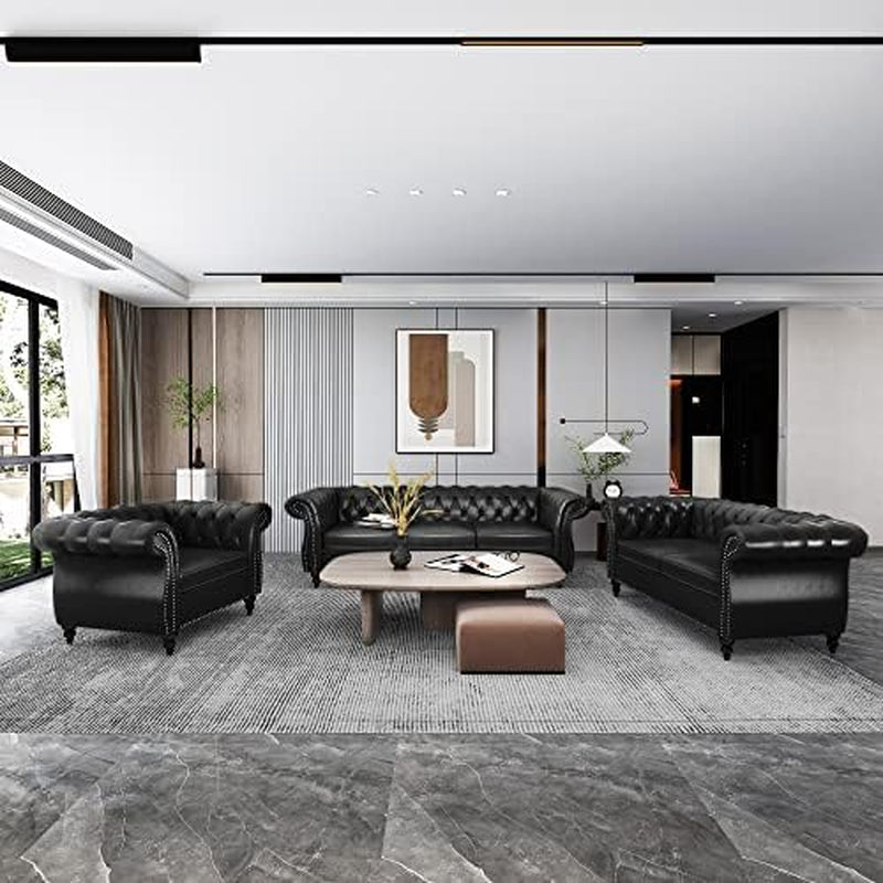 3 Pieces of Living Room Furniture Sofa Sets, Modern Faux Leather Chesterfield Sofa&Chesterfield Club Chair&Chesterfield Loveseat Sofas Set with Nailhead Trim Scroll Arms for Living Room(Black)-0