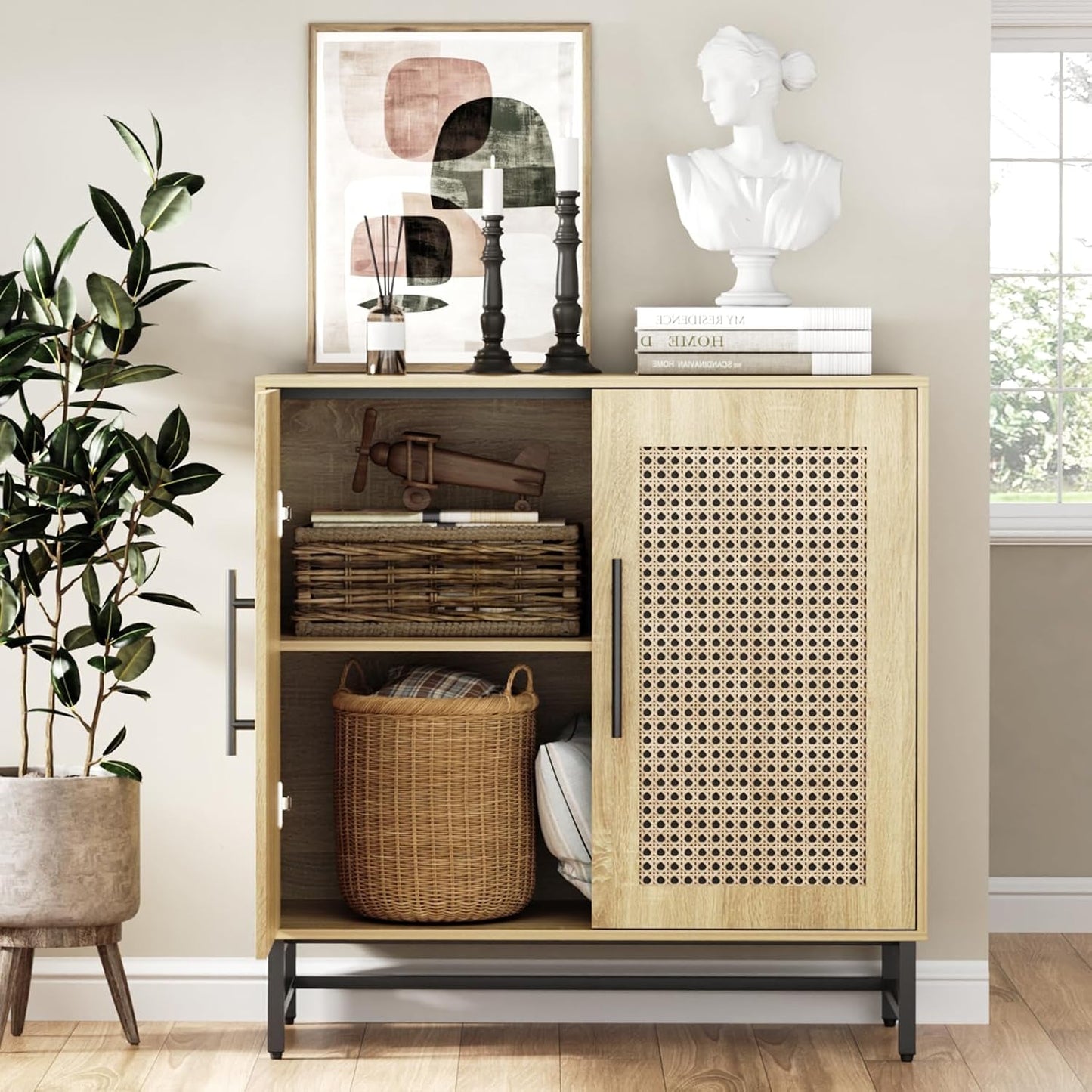 Natural Rattan Buffet Cabinet Modern Sideboard Storage Wood-3