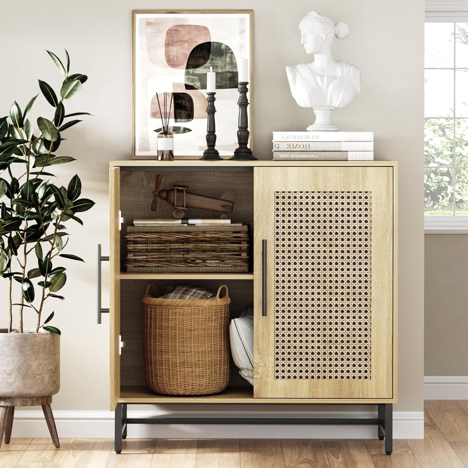 Natural Rattan Buffet Cabinet Modern Sideboard Storage Wood-3