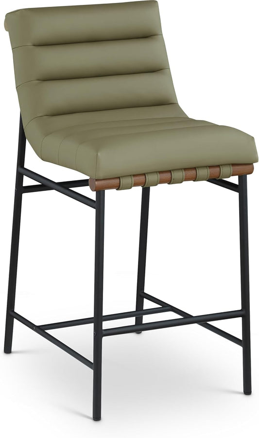 813Olive-C Burke Collection Modern | Contemporary Counter Stool with Soft Olive Green Vegan Leather, Vegan Leather Straps, Matte Black Metal Frame, 18" W X 24" D X 37.5" H, Green-0