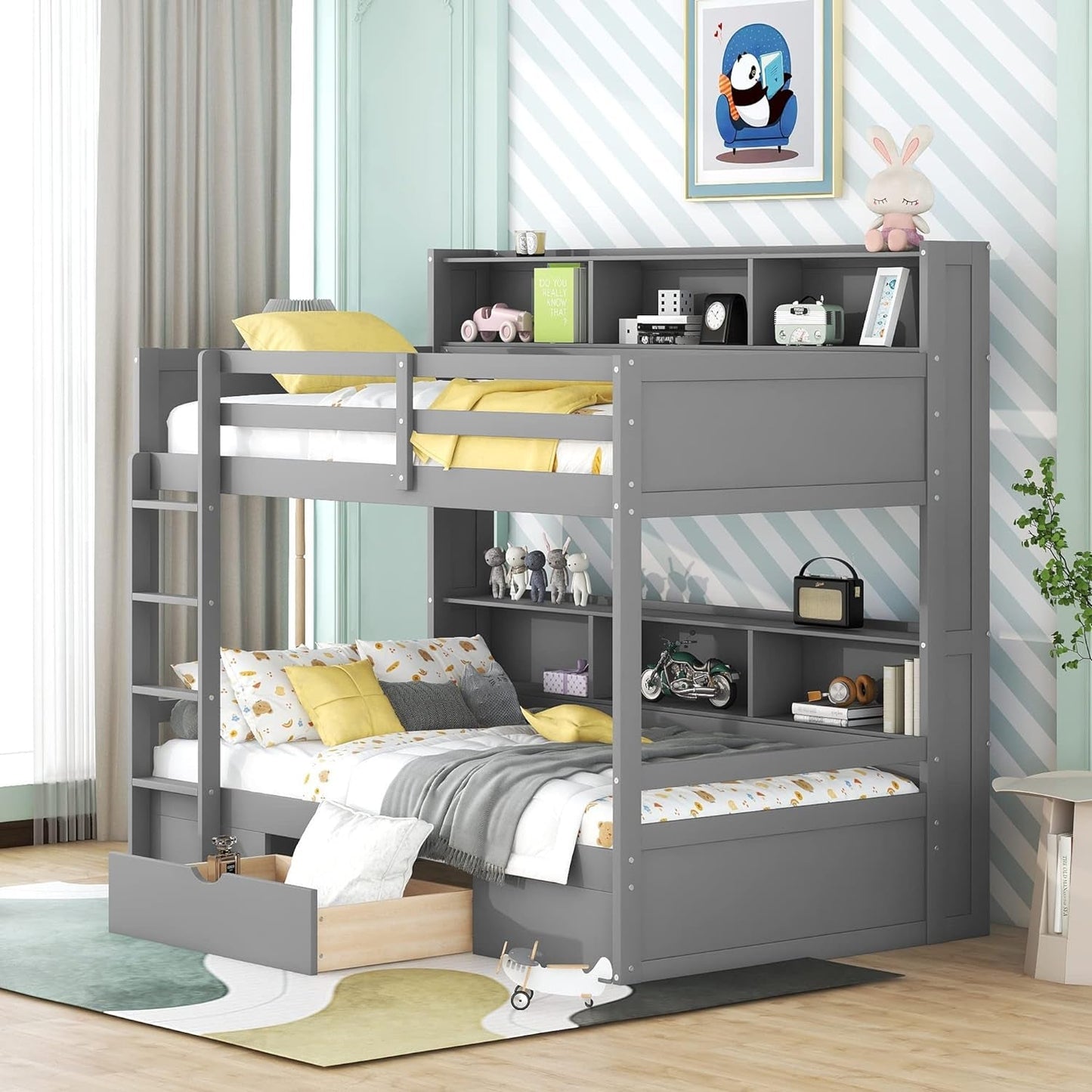 Bunk Bed Twin over Twin with Storage,Wood Twin Bunk Beds with Built-In Shelves beside Both Upper & down Bed,Multi Storage Bunk Beds with Drawer for Kids Girls Boys, Grey-3