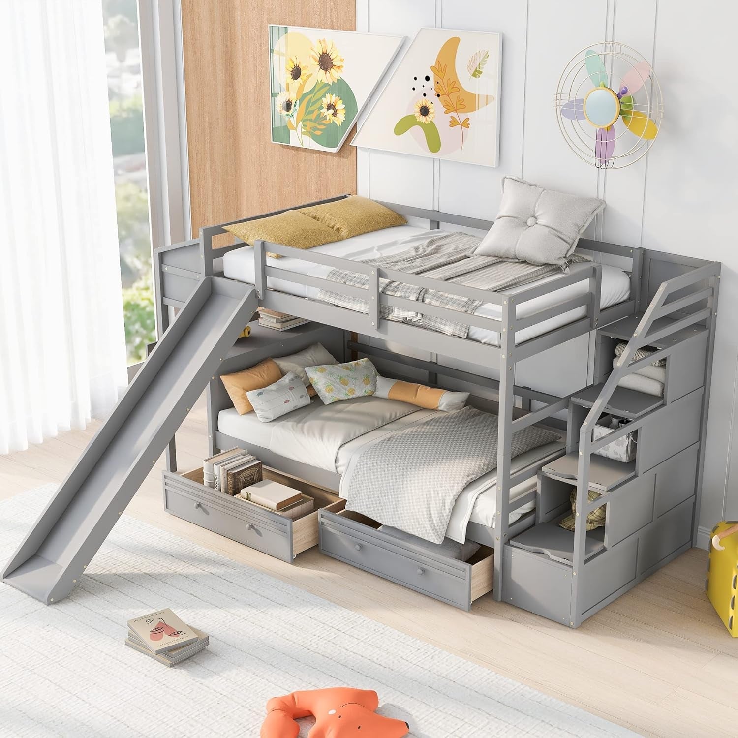Twin over Twin Bunk Bed with Stairs, Slide, Desk, Solid Wood Bunk Bed with Storage Drawers and Shelves, for Kids Teens Adults (Gray)-2
