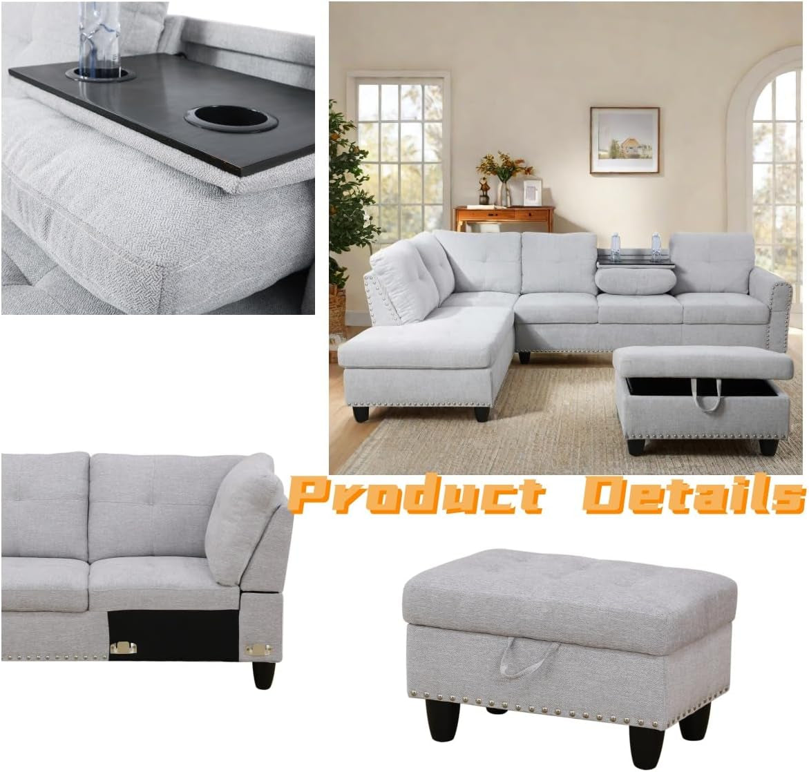 L Shaped Sectional Couch with Otttoman, 97" Sectional Sofa for Living Room Flannel Modular Couches with Cup Holders for Bedroom, Apartments, Grey White-2