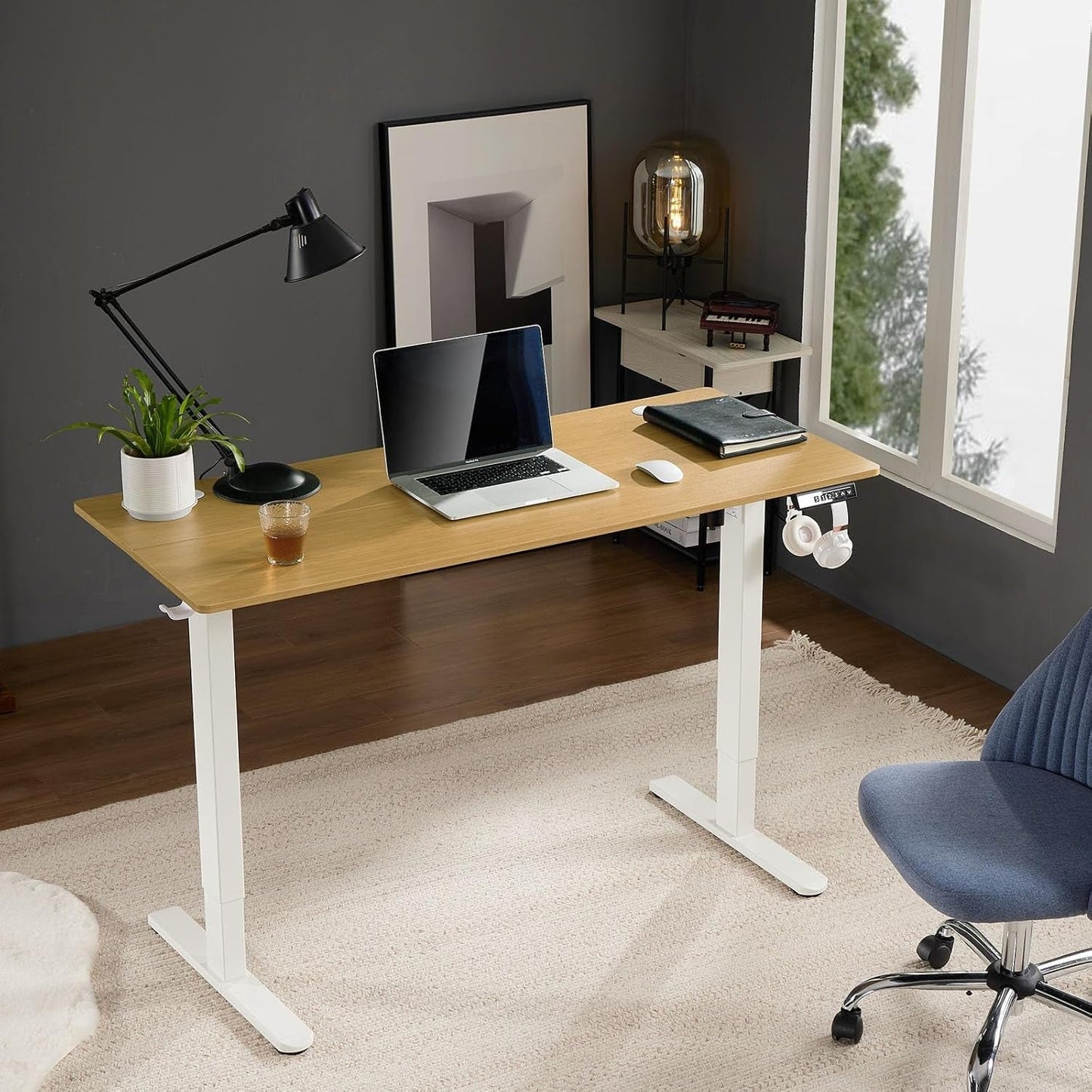 Electric Adjustable Height Standing Desk - 55 X 24 Inch Sit to Stand up Desk with Splice Board, Rising Home Office Computer Table with 2 Hook and Wire Hole for Work-1