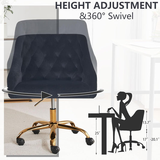 Velvet Office Swivel Chair, Vanity Chair, Fabric Desk Chair, Pretty Fancy Chair, Gold Office Chair for Girls, 360°Swivel Height Adjustable Reception Chair (Black)-1