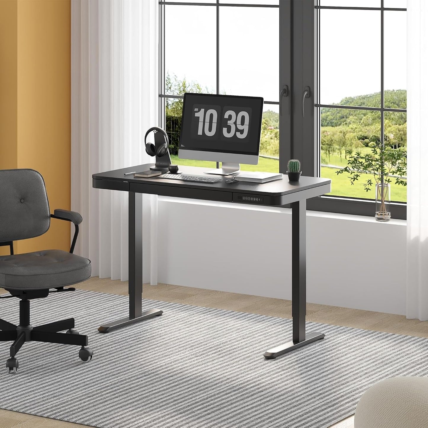 Comhar Electric Standing Desk with Drawer Desktop & Adjustable Frame Quick Install W/Usb Charge Ports (Black, Wood)-1