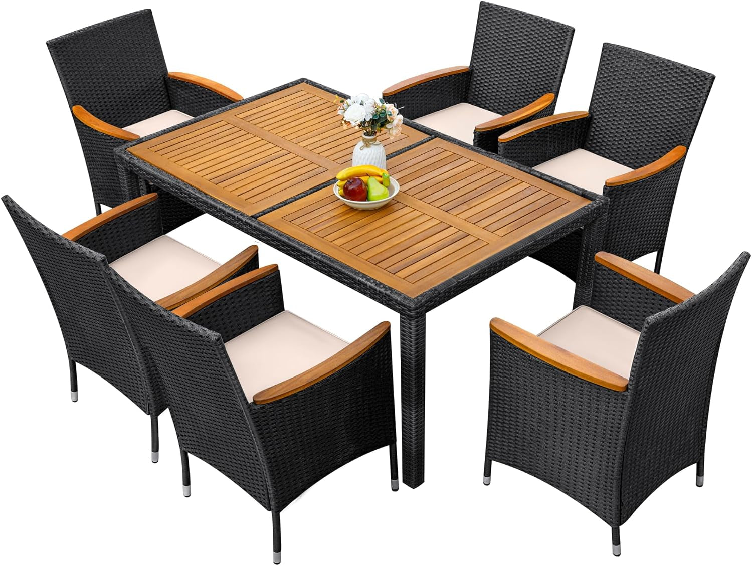 7 Pieces Outdoor Patio Dining Set, Conversation Sets with 1 Table and 6 Rattan Chairs with Curved Acacia Wooden Armrests and Cushions, Black-3