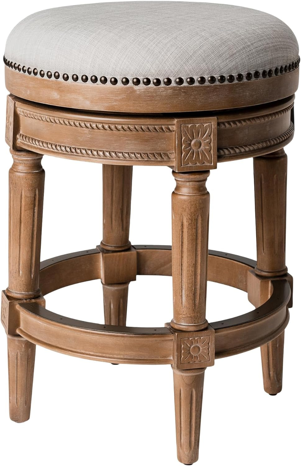 Pullman 26 Inch Tall Backless Weathered Oak Finish Counter Height Upholstered Barstool with Sand Color Fabric Cushion Seat-0