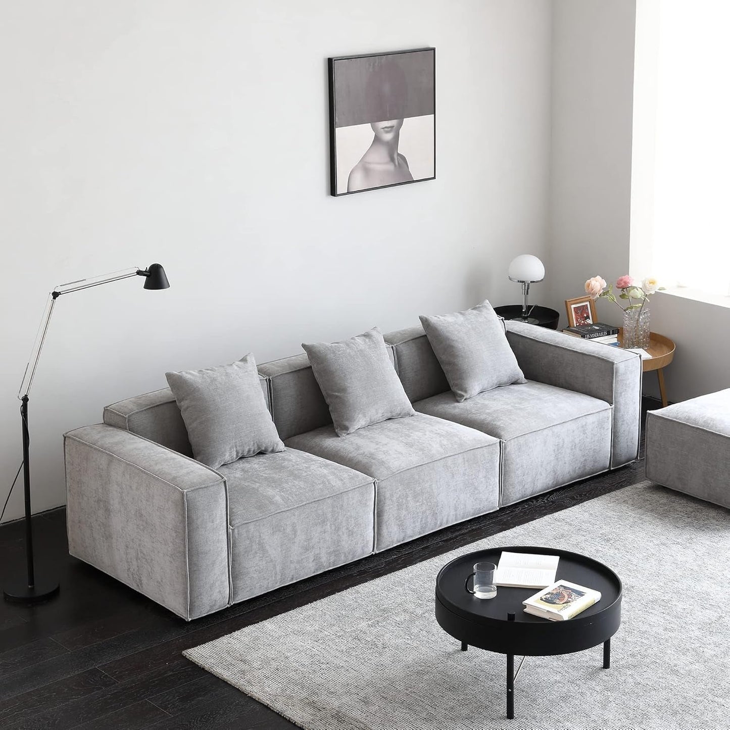 Luxury Modular Sectional Living Room Sofa Set, Modern Minimalist Style Couch with Ottoman and Chaise, L-Shape, Grey-3