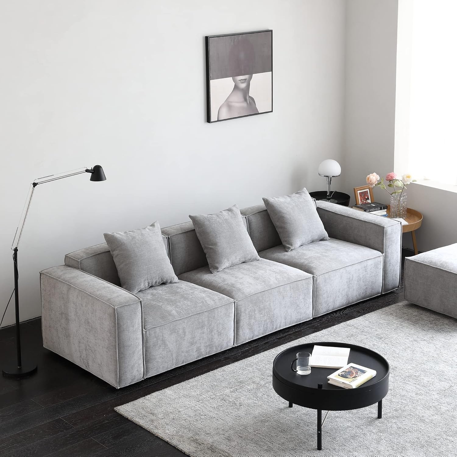Luxury Modular Sectional Living Room Sofa Set, Modern Minimalist Style Couch with Ottoman and Chaise, L-Shape, Grey-3