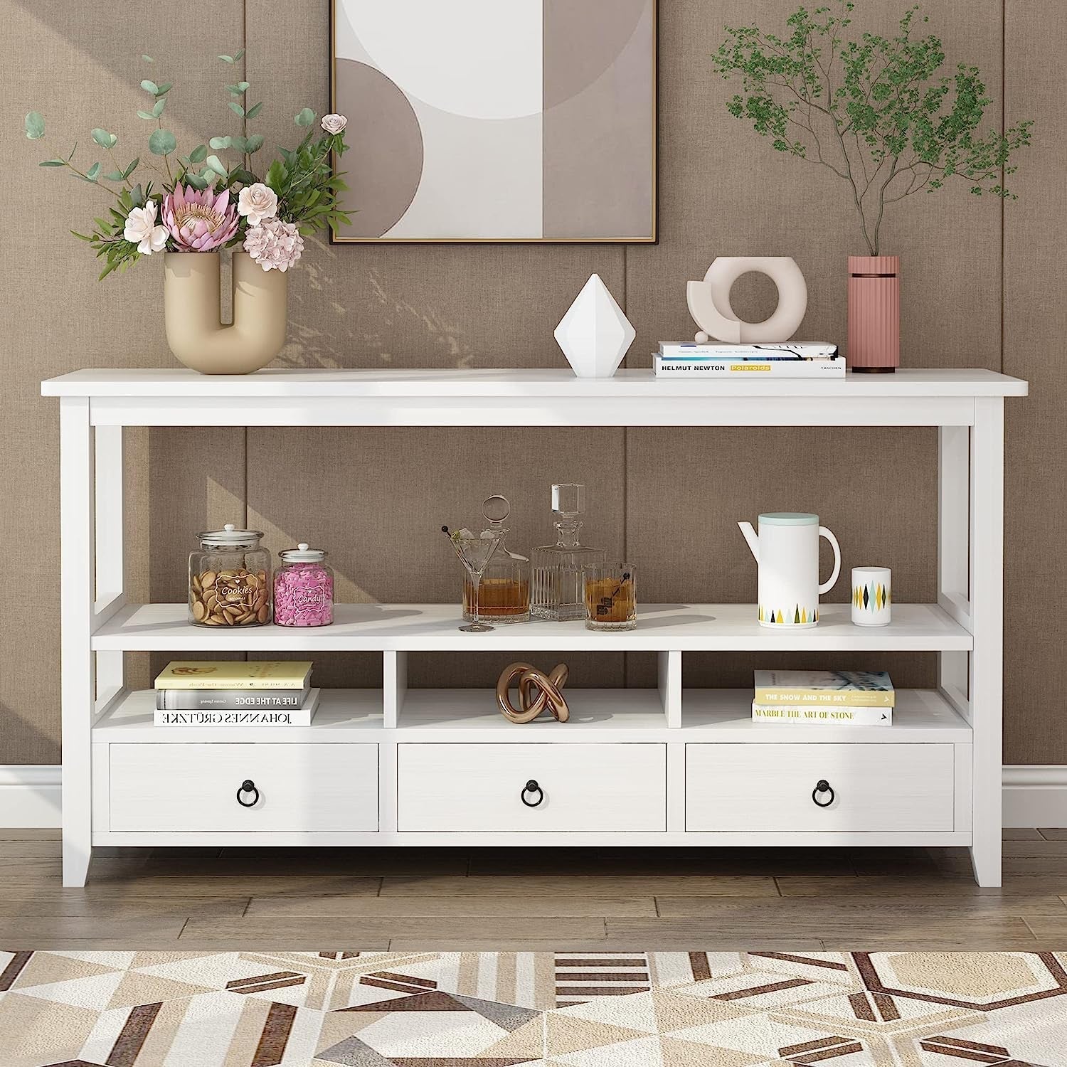 Vintage White Console Table with Storage Drawers-0