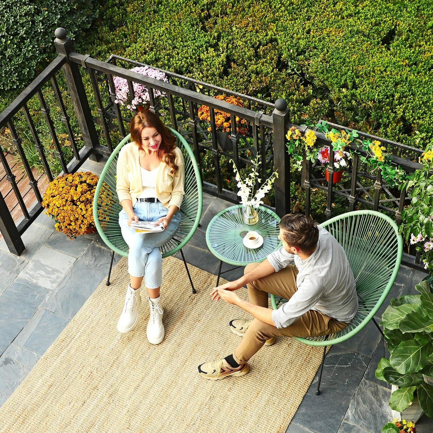 3-Piece Outdoor Seating Acapulco Chair, Modern Patio Furniture Set, Glass Top Table and 2 Chairs, Indoor and Outdoor Conversation Bistro Set, Light Green UGGF011C01-2