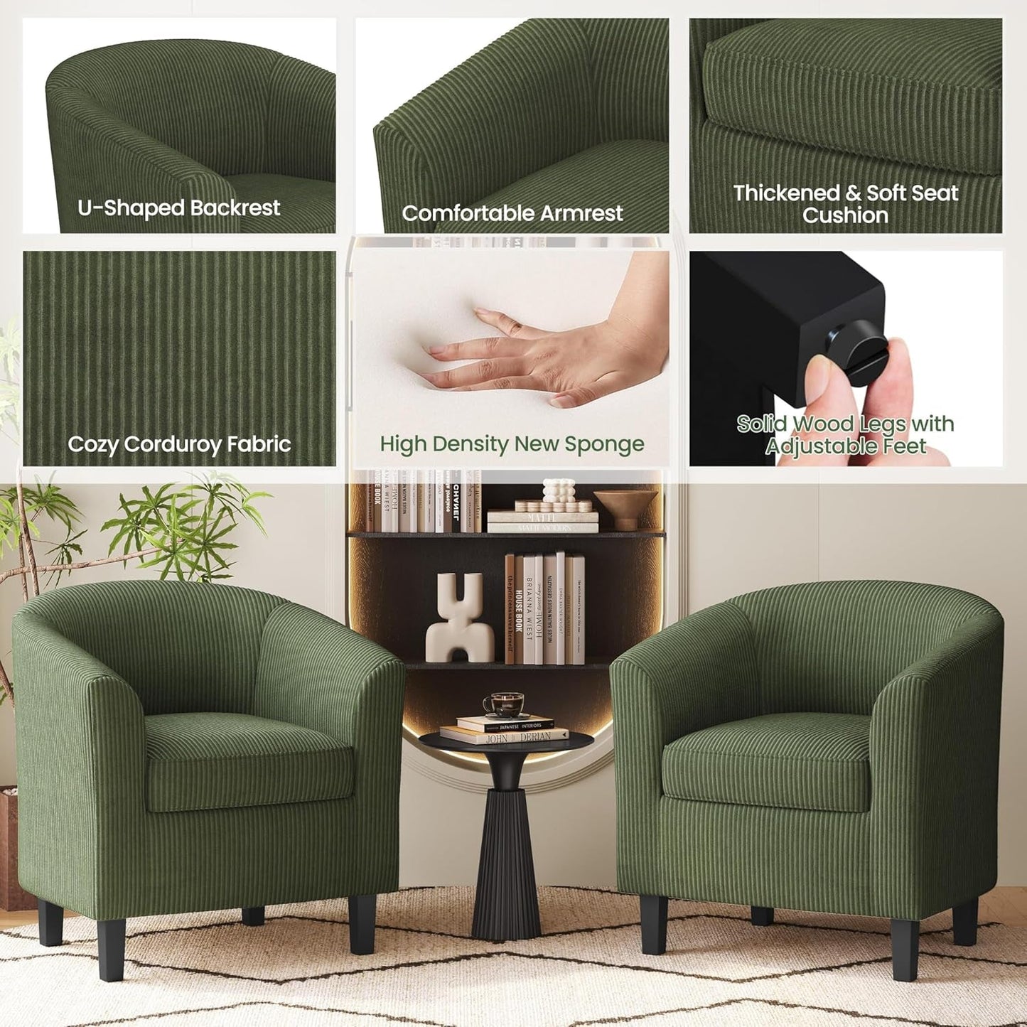 Corduroy Barrel Chairs Set of 2, Upholstered Club Chairs Accent Chairs, round Armchairs Waiting Room Chairs with Soft Cushion for Living Room Bedroom Reading Room, Dark Green-4