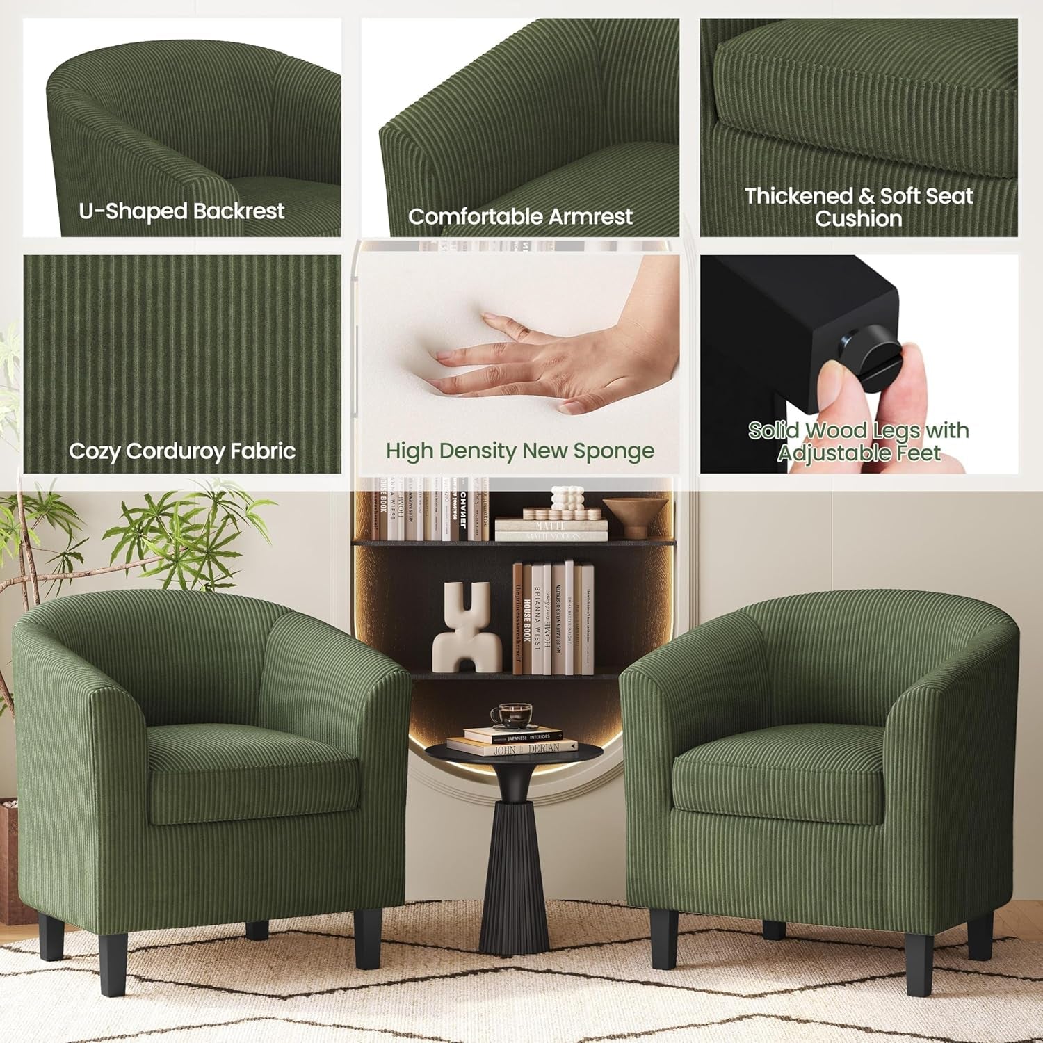 Corduroy Barrel Chairs Set of 2, Upholstered Club Chairs Accent Chairs, round Armchairs Waiting Room Chairs with Soft Cushion for Living Room Bedroom Reading Room, Dark Green-4