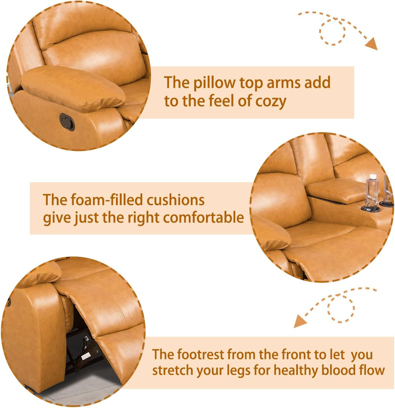 Manual Recliner Sofa Set, Bonded Leather Sofa Set Living Room Furniture, Reclining Sofa Set Leather Recliner Couch with Cup Holder/Storage Console for Living Room (3 Pieces Couch Set,Ginger)-4