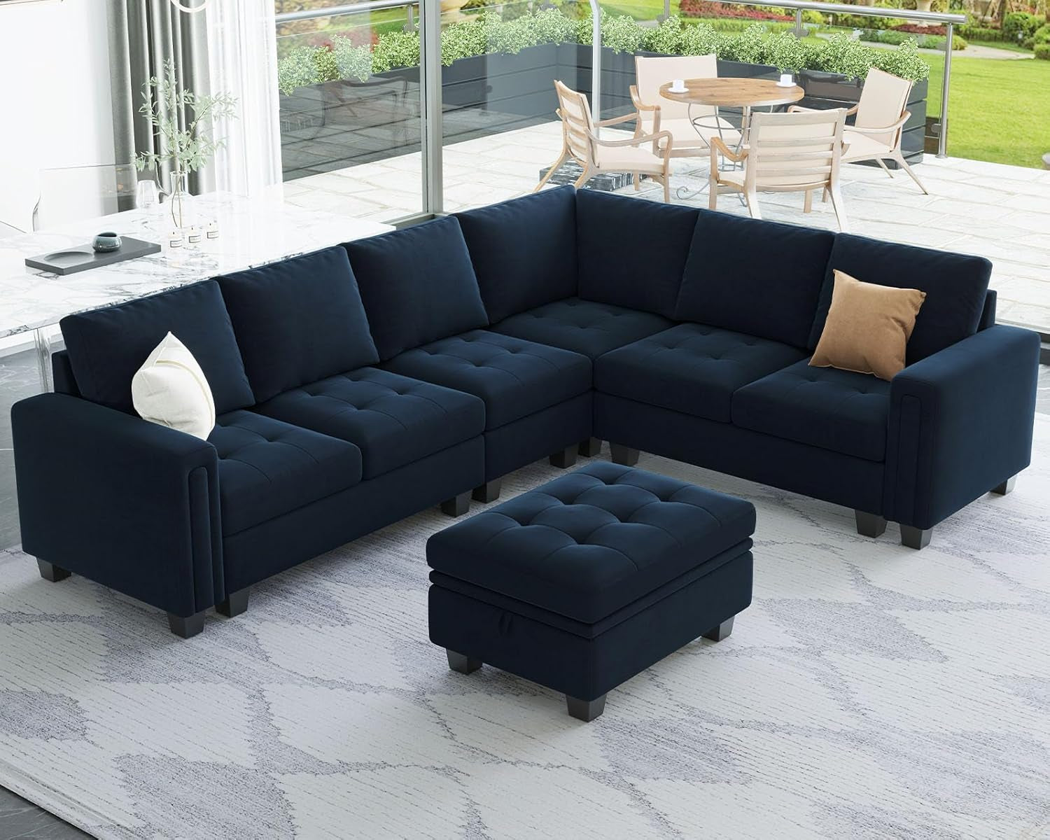 Velvet L Shaped Sofa Couch with Reversible Chaise Convertible Modular Sectional Sofa Set with Storage Ottoman Corner Sofa Set for Living Room Blue-2