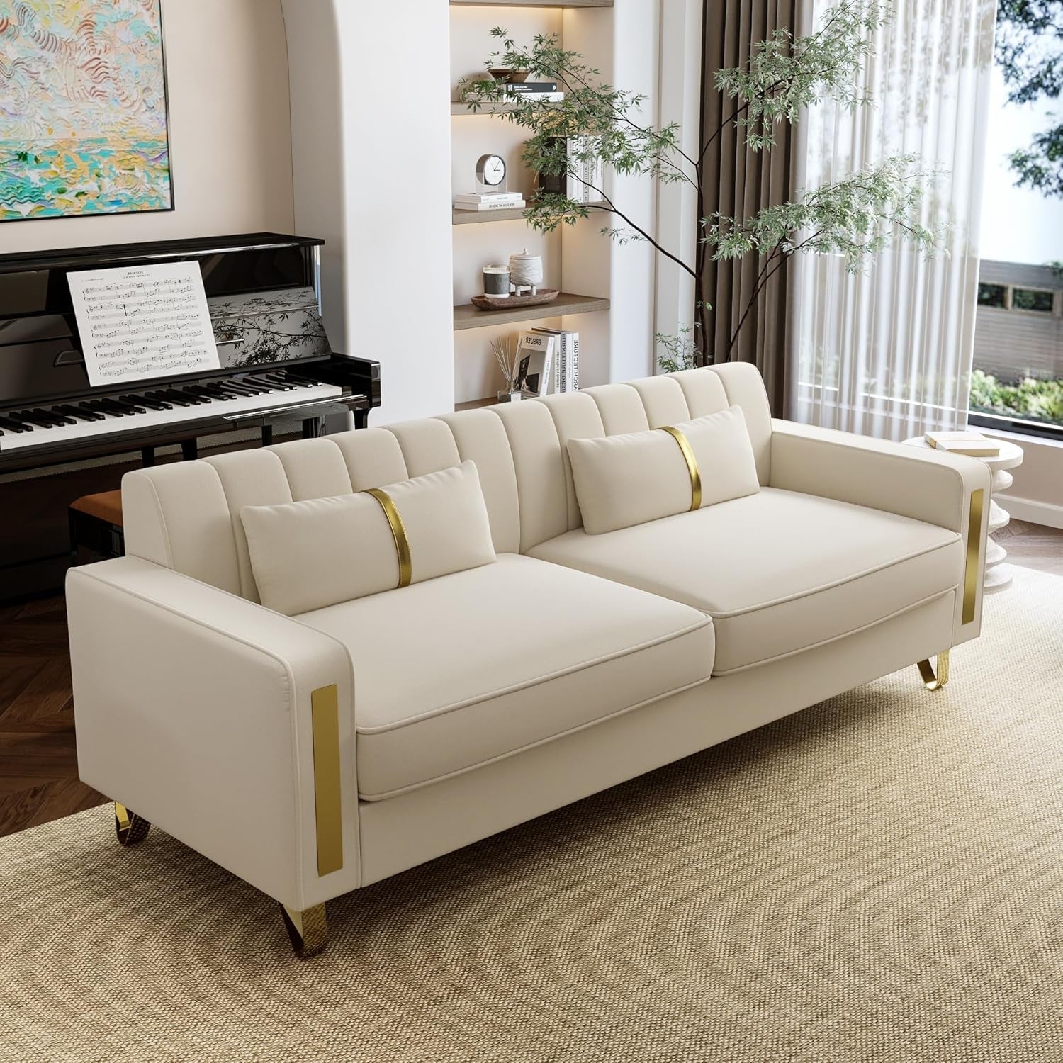 Loveseat Couch for Living Room, 86" Beige Velvet Sofa Couch with 2 Pillows & Gold Metal Legs, Modern Upholstered Sofa Love Seat Sectional Couches for Apartment Home Office-3