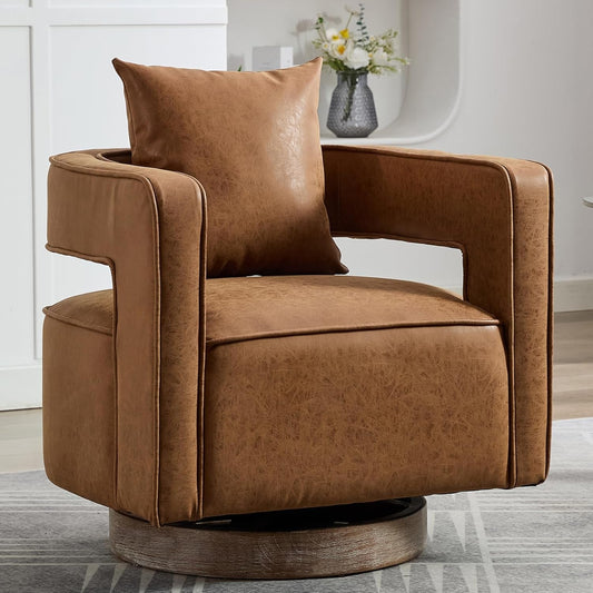 Swivel Accent Chair, Modern Swivel Barrel Chair for Living Room, 360 Degree Comfy Square Swivel Chair with Open Back, Upholstered Armchair for Bedroom,Reading, PU Leather, Brown-0