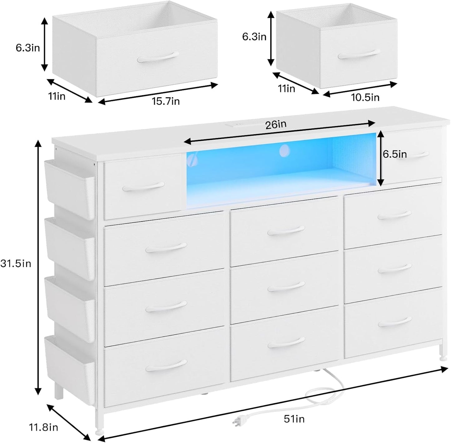 White Dresser for Bedroom with Power Outlets and LED Lights 11 Drawers Dresser with Side Pocket for Kids Bedroom, Fabric Chest of Drawers, for 60Inch TV Long Dresser Storage Organizer-2
