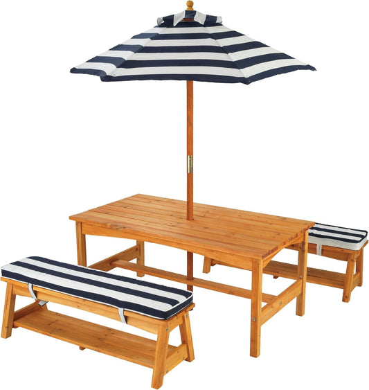 Outdoor Wooden Table & Bench Set with Cushions and Umbrella, Kids Backyard Furniture, Navy and White Stripe Fabric-0