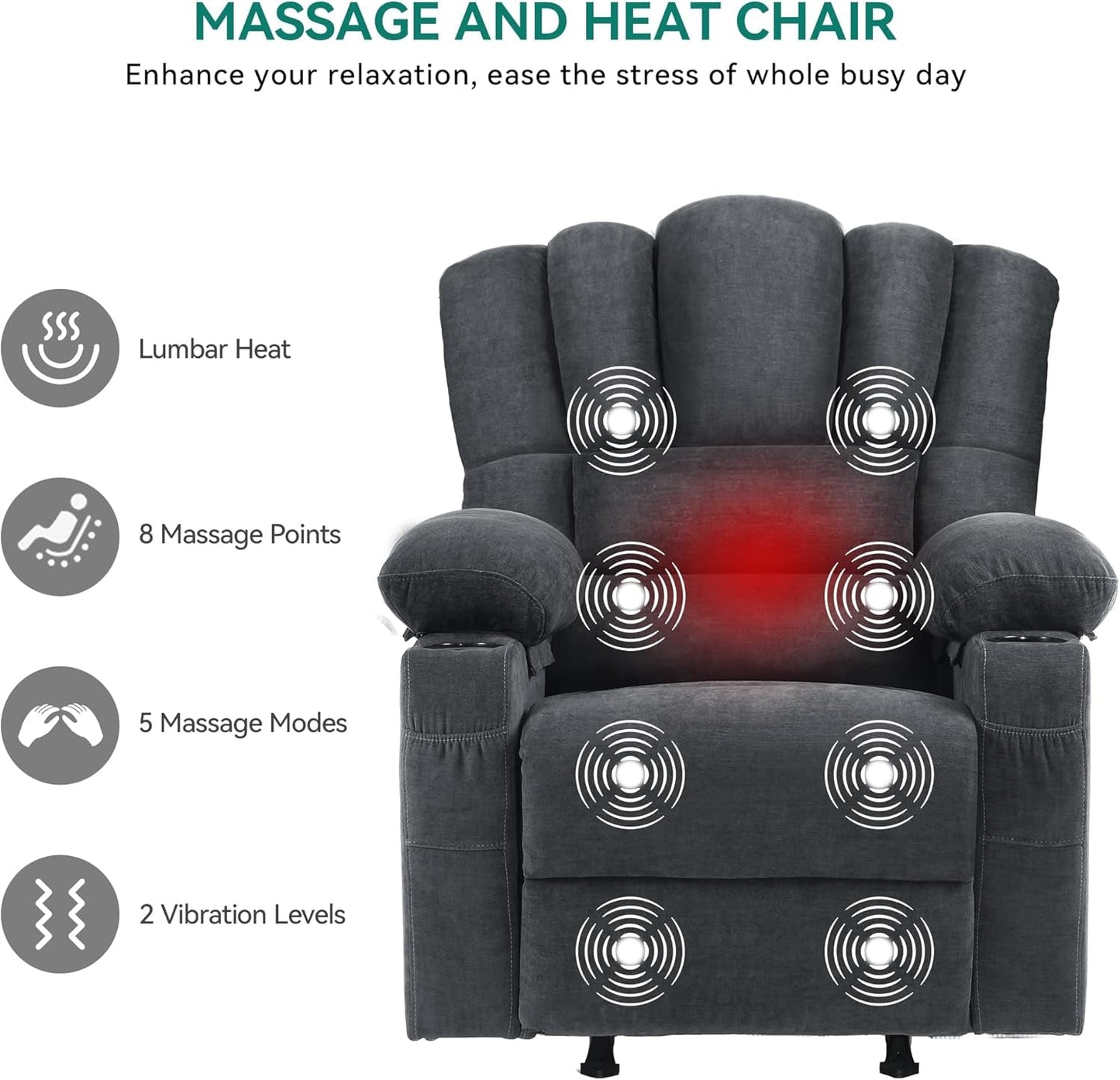 Oversized Rocker Recliner Chair with Massage and Heat, Manual Recliner Chair with Overstuffed Armrest, Rocking Recliner with 2 Cup Holders, USB Charge Port and Side Pocket for Living Room-3