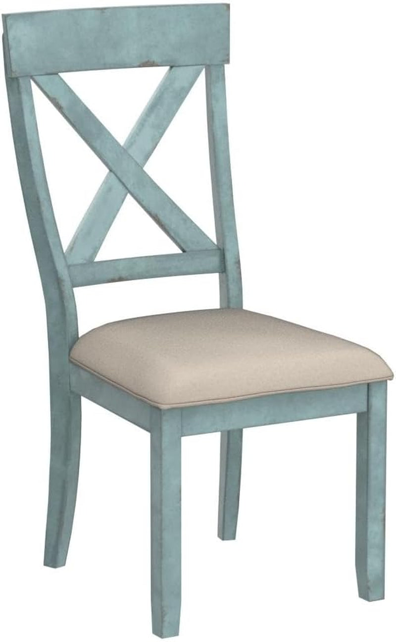 Prato Two-Tone Wood Cross Back Upholstered Dining Chairs, Set of 2, Blue and Tan-3