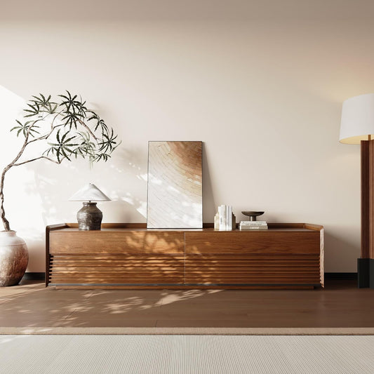 Mid Century Modern TV Stand, 78.74" Entertainment Center with LED Light, Walnut Solid Wood TV Console for Living Room, TV Stand with Storage-0