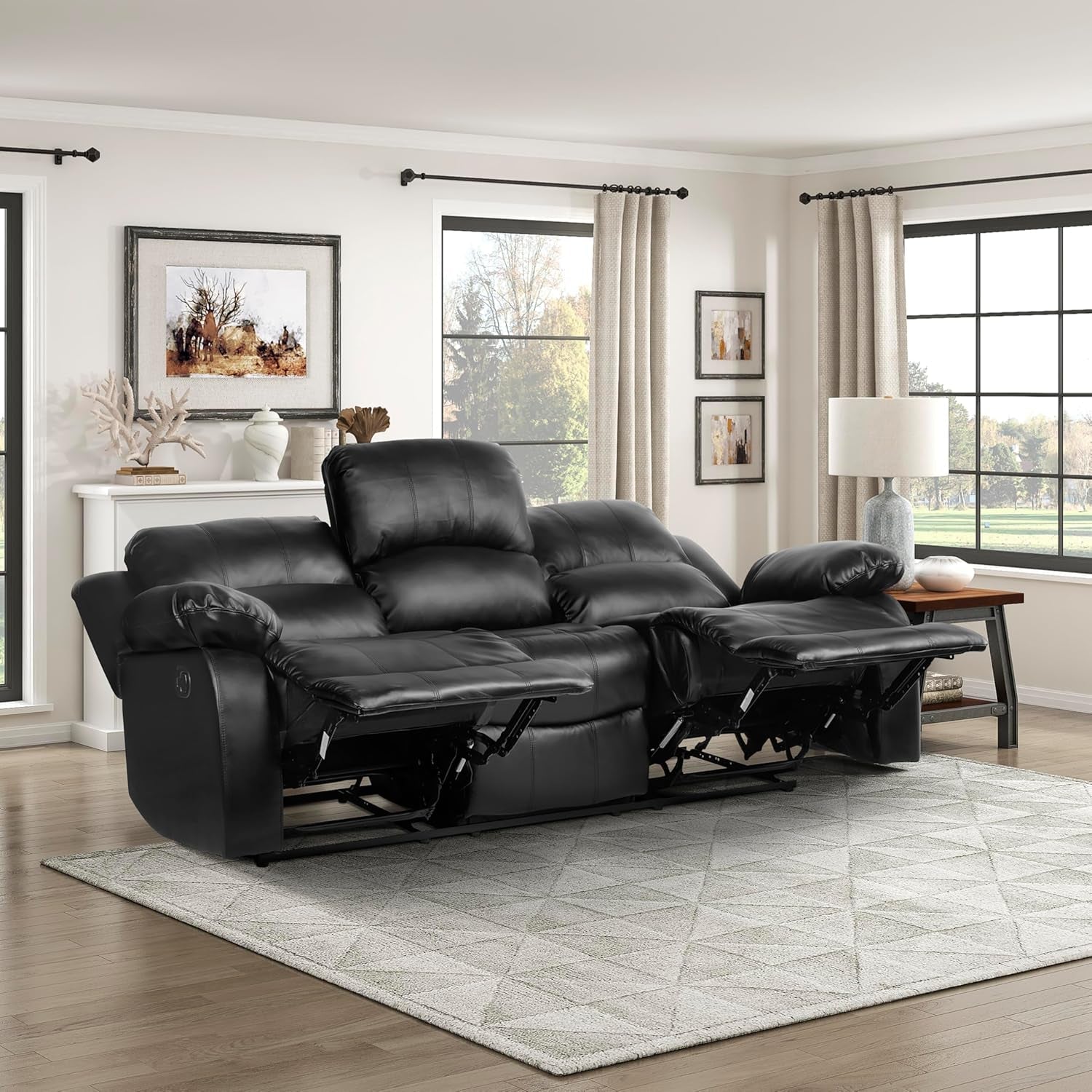 Humphreys Loveset Recliner - Soft Fux Lether Double Reclining Sof, Mnul Pull Tb, Wll Hugger, High-Density Fom, Solid Wood Frme, Esy ssembly, 83" W, Living Room, RV - Blck-0