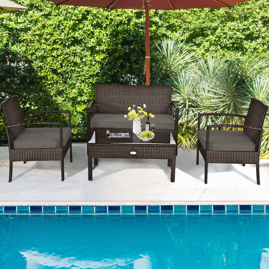 4 Pieces Patio Rattan Cushioned Furniture Set with Loveseat and Table-1