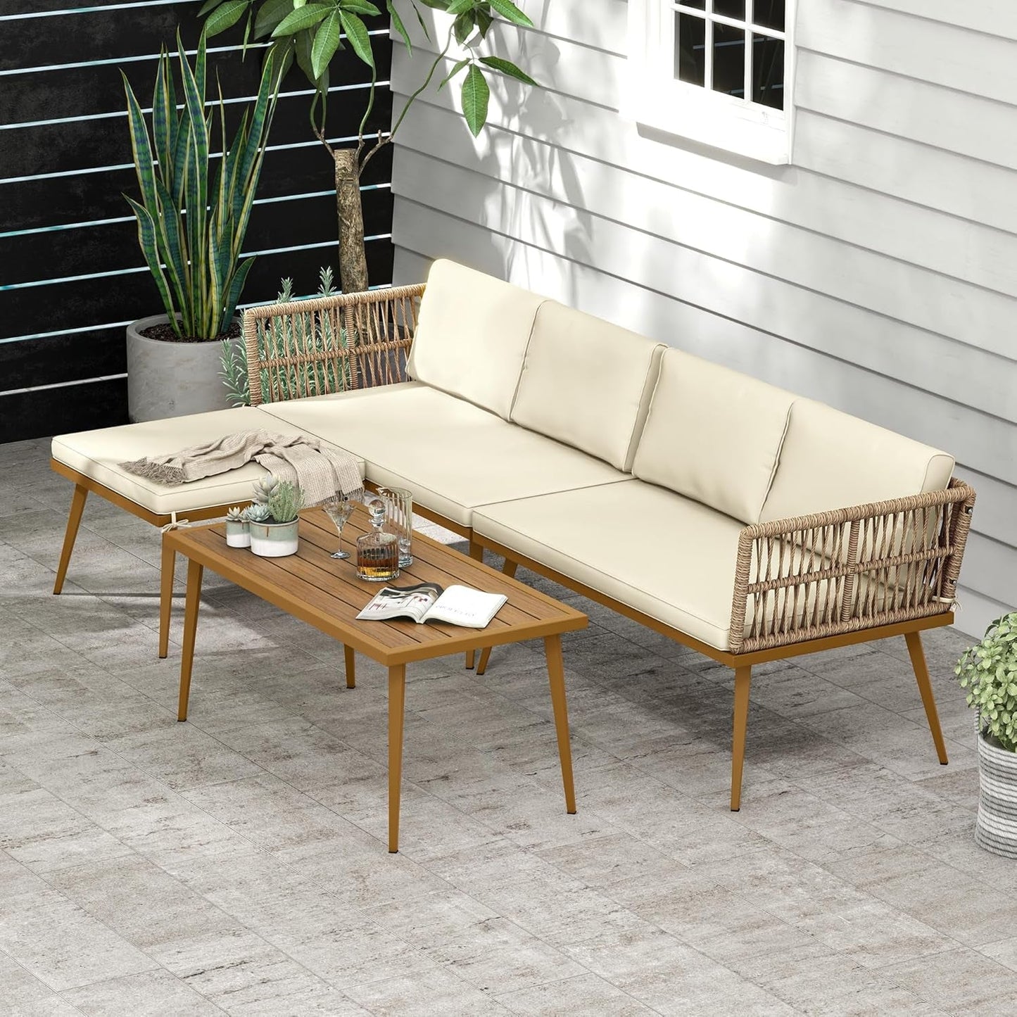 4 Pieces Patio Furniture Set, Sectional L-Shaped Sofa for Patio Backyard Poolside Porch, All-Weather Rattan Woven Conversation Set Detachable Lounger with Side Table & Cushions (Beige)-0
