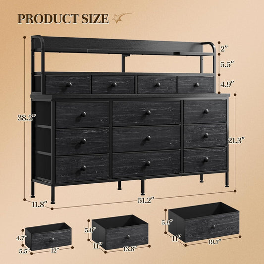 51.2" W Black Dresser with 13 Drawers and LED Lights, Black Dresser for Bedroom with Fabric Drawer, Long Dressers & Chests of Drawers, Dresser for Bedroom with Shelves for Closet-1